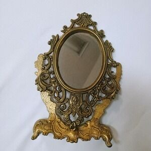 Vtg Gold Brass Ornate Stan Tilt Oval Mirror Small Mini Desk Top